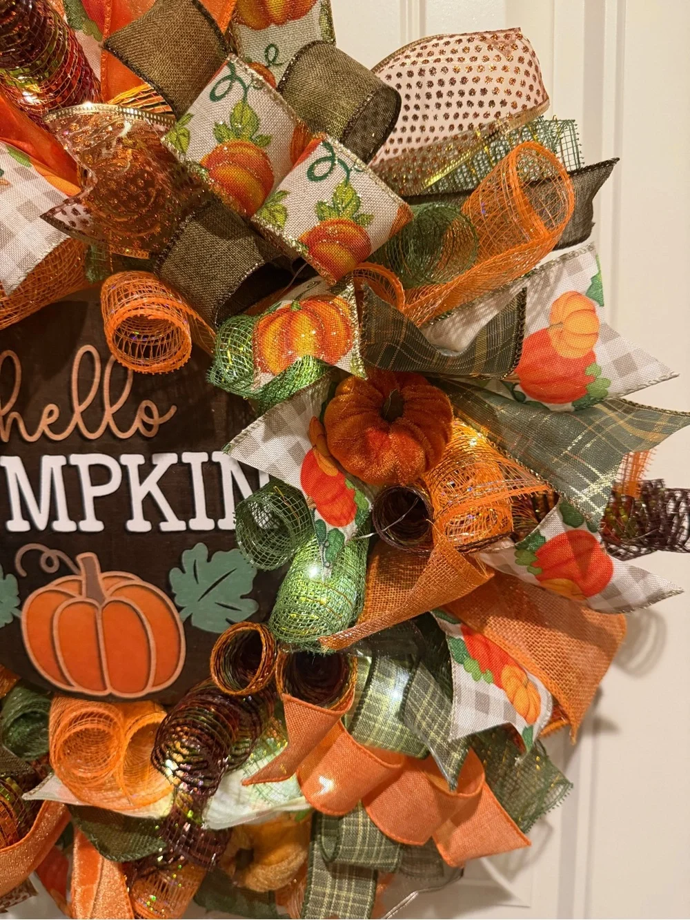 Handmade Hello Pumpkin Ribbon Welcome Door Wreath Fall Leaf 22 in LED W24